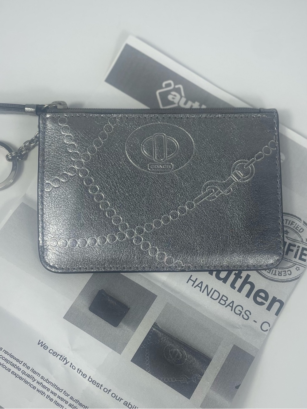 Coach Metallic Pewter Embossed Coin Purse • EUC • Leather Mini Wallet